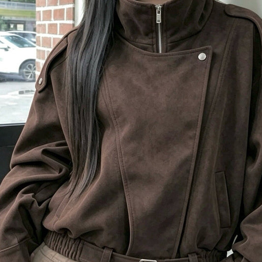 Retro foldable collar suede coat in brown, front view