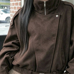 Retro foldable collar suede coat in brown, front view