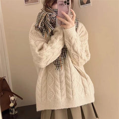 Solid Color Round Neck Cable Knit Sweater