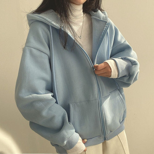Vintage Solid Color Zip Up Oversized Thick Hoodie