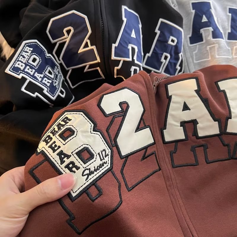 Letter Embroidery Zip Up Oversized Hoodie - fairypeony