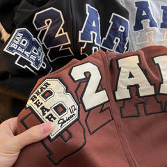 Letter Embroidery Zip Up Oversized Hoodie - fairypeony