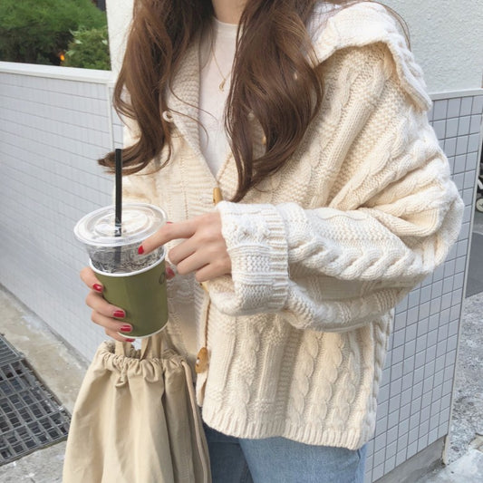 Solid Cable Knit Horn Buckle Hooded Cardigan - fairypeony