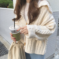 Solid Cable Knit Horn Buckle Hooded Cardigan - fairypeony