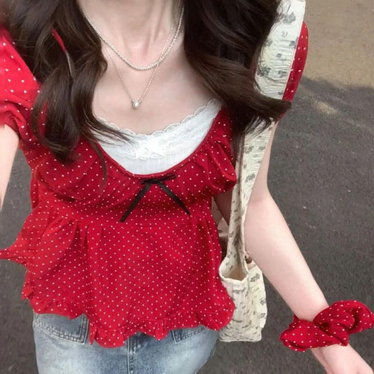 Polka Dot Bow Patchwork Short Sleeve Tee