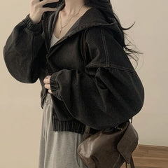 Vintage Denim Zip Up Hooded Loose Jacket