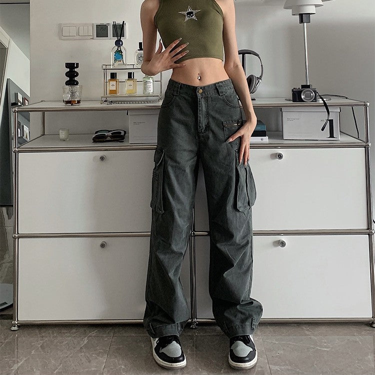 Zip Pocket Straight Leg Cargo Jeans - fairypeony