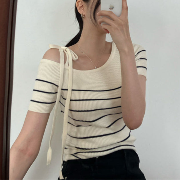 Lace-up Off Shoulder Short Sleeve Knitted Tee