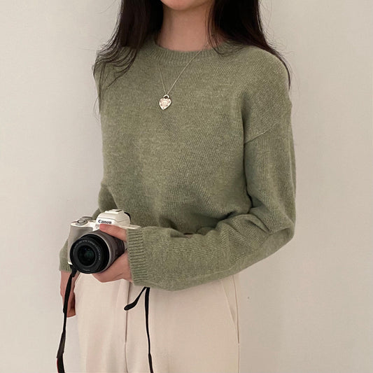 Vintage Solid Color Round Neck Sweater