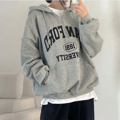 Vintage Half Zip Up Letter Print Oversized Hoodie
