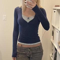 V-neck Lace Patchwork Bow Long Sleeve Tee