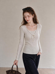 Lace Trim Faux Two-Piece Slimming Long-Sleeve Knit Top