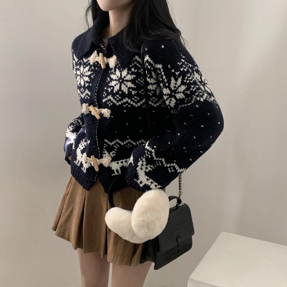 Aesthetic Snowflake Horn Button Knitted Cardigan - fairypeony