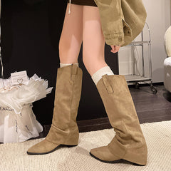 Women Pointed Toe Knee High Boots Chunky Heel Wide Calf Pull-On Boots