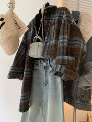 Retro Plaid Shirt Jacket Loose Oversized Outerwear