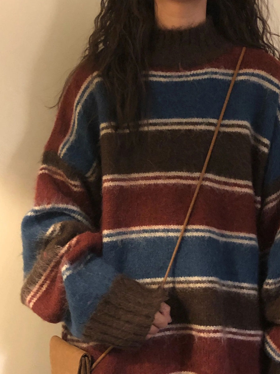 Vintage Striped Crew Neck Pullover Sweater - fairypeony