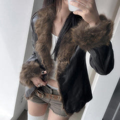 Womens Faux Fur Collar Leather Jacket