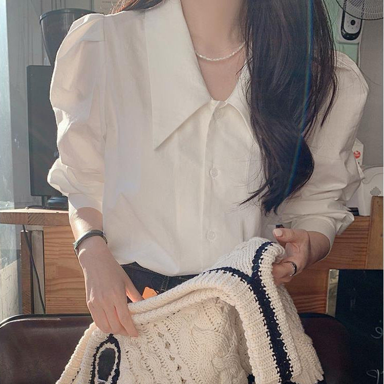 Retro Simple White Puff Long Sleeve Blouse