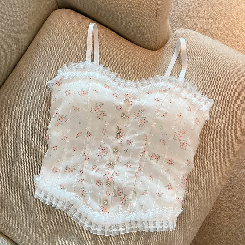 Aesthetic Lace Trim Floral Cami Top