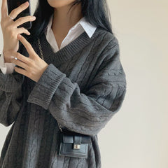 V-neck Mid-length Sweater Thick Long-sleeved Knitted Top