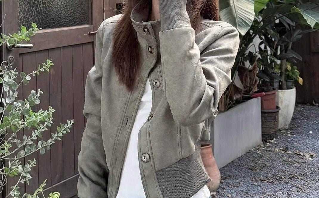 Retro high-street cropped coat in dark green-grey, ribbed cuff detail