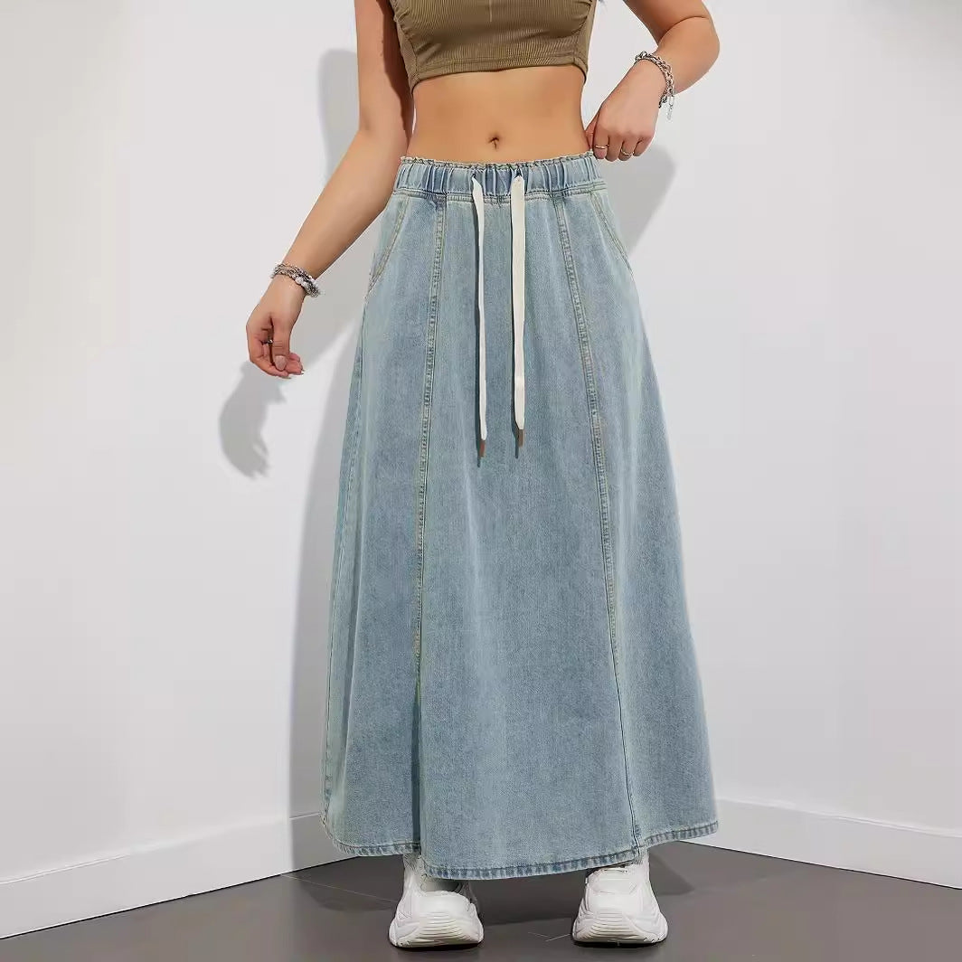 Elastic Waist Drawstring Flared Denim Skirt
