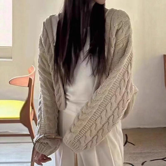 Loose Knitted Cardigan – Cropped Cable Twist Open-Front Sweater in 3 Colours
