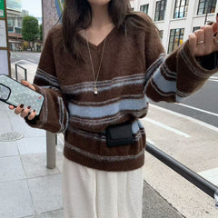 Vintage Fuzzy V-Neck Striped Sweater