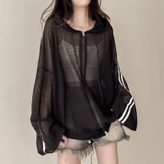 Striped Sleeve Knitted Hooded Zip Up Thin Cardigan