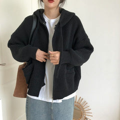 Double Pockets Hooded Knitted Zip Up Cardigan