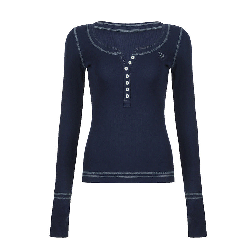 Vintage Embroidery Top-stitching Breasted Long Sleeve Tee - fairypeony