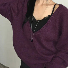 V-neck button knitted cardigan in purple, loose fit