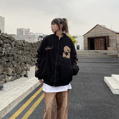 Street Embroidery Print Loose Baseball Jacket - fairypeony