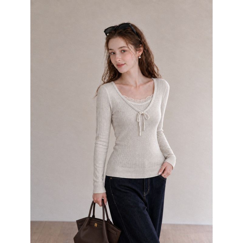 Lace Trim Faux Two-Piece Slimming Long-Sleeve Knit Top