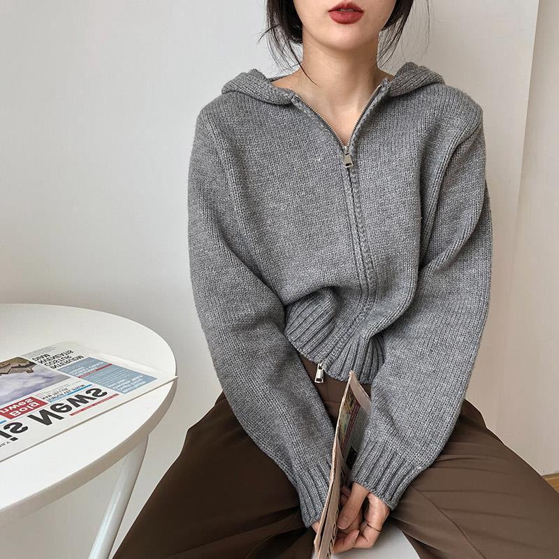 Solid Color Zip Up Hooded Knitted Cardigan - fairypeony