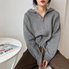 Solid Color Zip Up Hooded Knitted Cardigan - fairypeony