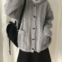 Oversized hooded cable knit cardigan in gray, toggle buttons and pockets