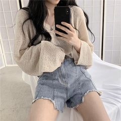 V-Neck Oversized Long Sleeve Knitted Loose Tee