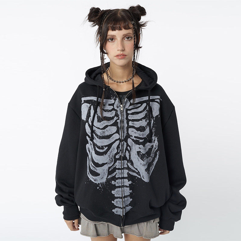 Skeleton Print Zip Up Loose Oversized Hoodie - fairypeony