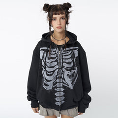 Skeleton Print Zip Up Loose Oversized Hoodie - fairypeony