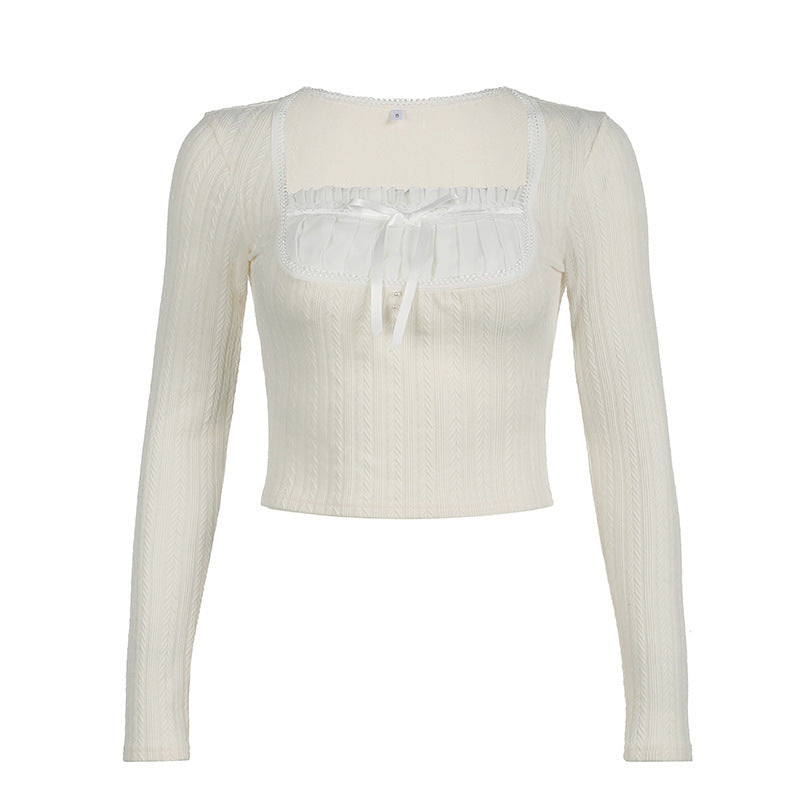 Lace Patchwork Bow Long Sleeve Knot Tee