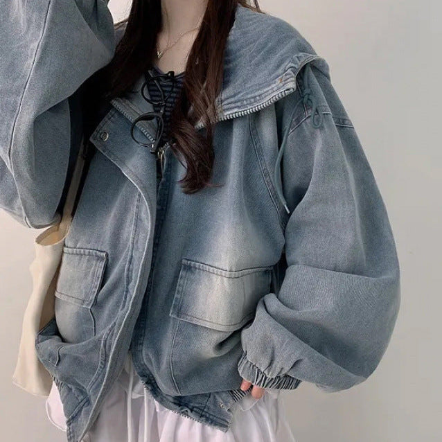 Loose Denim Hooded Coat – Vintage Wash Petal Sleeve Zip-Up Jacket