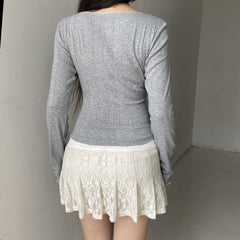 Square Collar Bow Knit Long Sleeve Tee