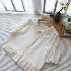 Aesthetic Doll Collar Jacquard Short Sleeve Blouse - fairypeony