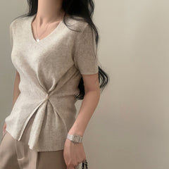 V-neck Split Waist Short sleeve Knit Tee