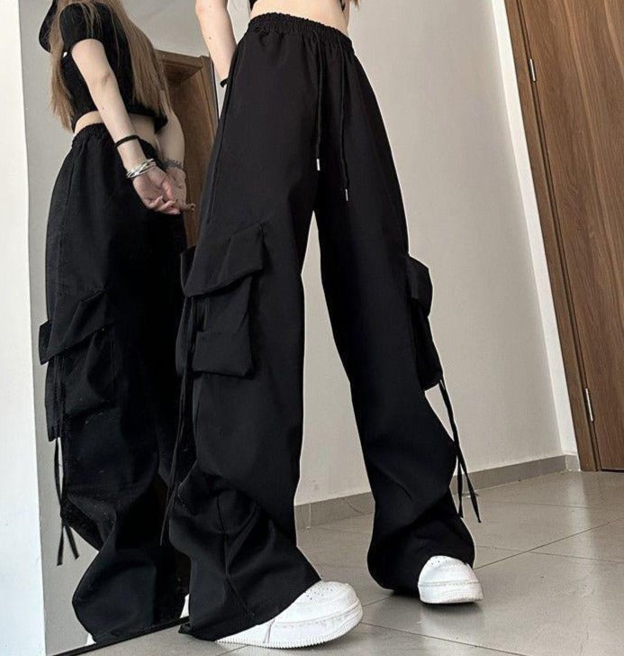 Baggy Drawstring Parachute Cargo Pants - fairypeony