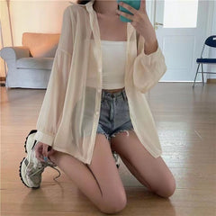 Solid Color Thin Oversized Long Sleeve Blouse - fairypeony