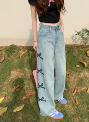 Side Embroidered Bow Boyfriend Jeans
