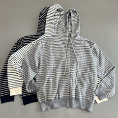 Women Casual Hooded Zip Up Striped Sweater