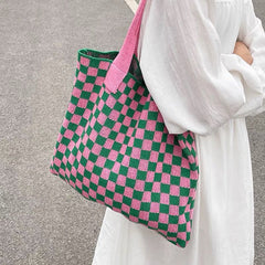 Aesthetic Checkered Print Knitted Tote Bag